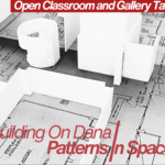 black-and-white floorplan and white sculptures